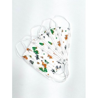 علبة كمامة اطفال لون ابيض رسمه دايناصور ( 50 كمام)