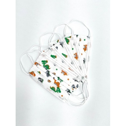 علبة كمامة اطفال لون ابيض رسمه دايناصور ( 50 كمام)