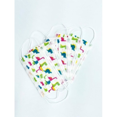 علبة كمامة اطفال لون ابيض رسمه دايناصور ملون ( 50 كمام)